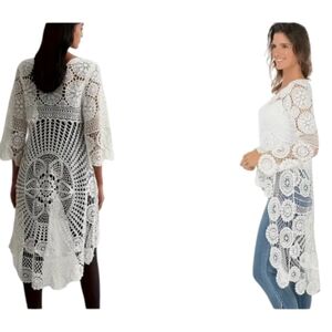 New Crochet Floral hi low Cover up Tunic white long flowy Small
